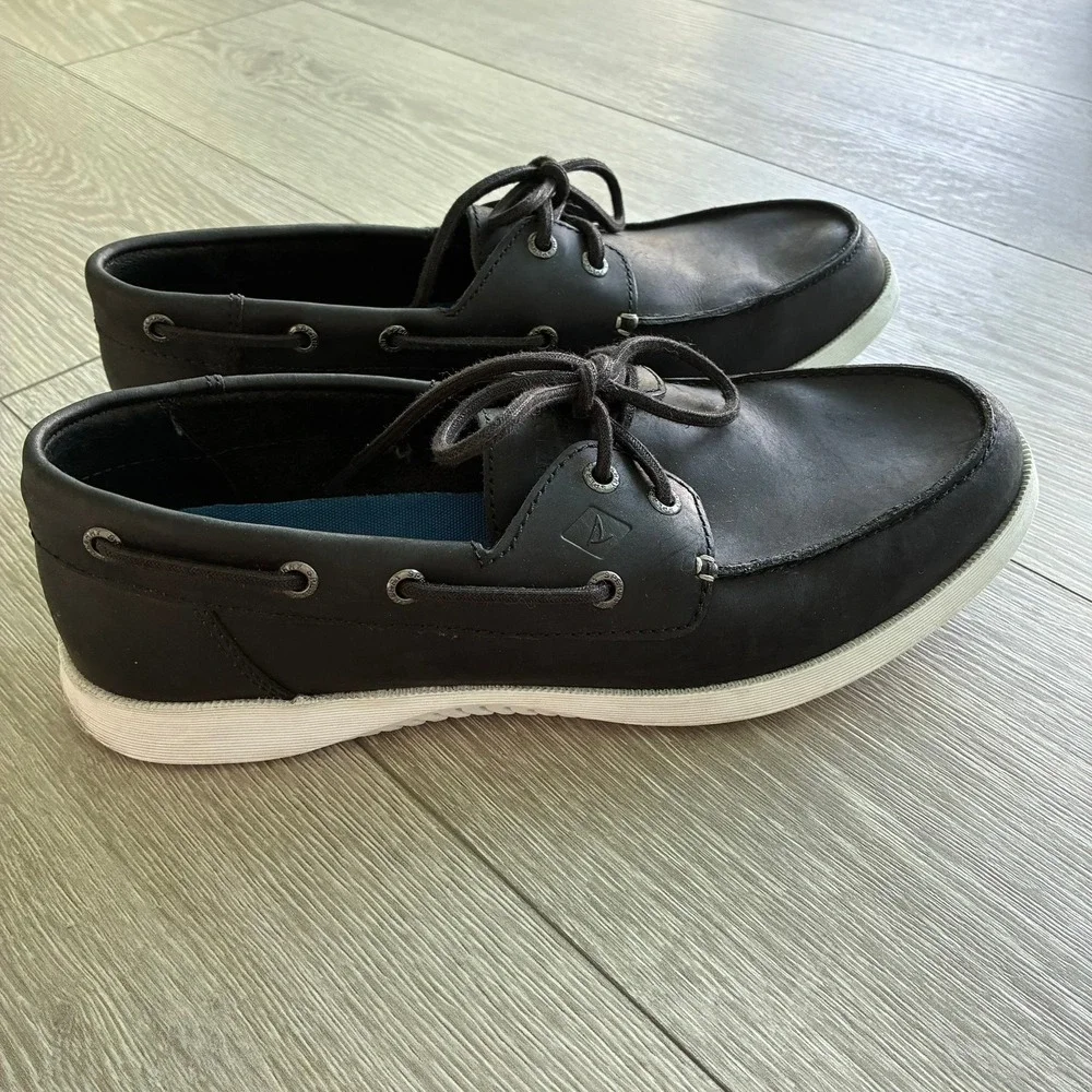 Sperry Top-Sider Mens Black Leather Boat Shoes Memory Foam Loafers 9.5M